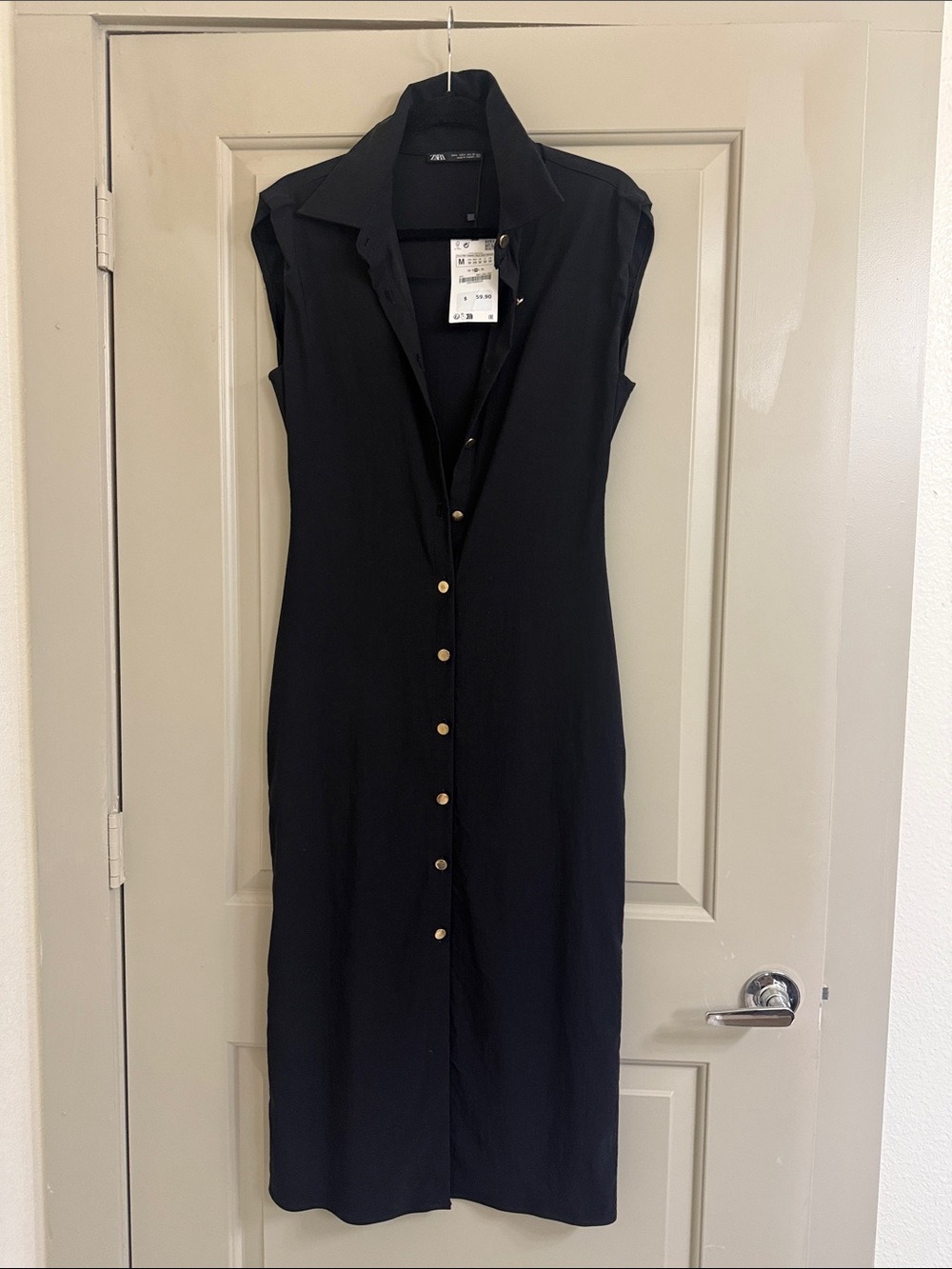Zara Black Sleeveless Collared Midi Dress with Gold Buttons